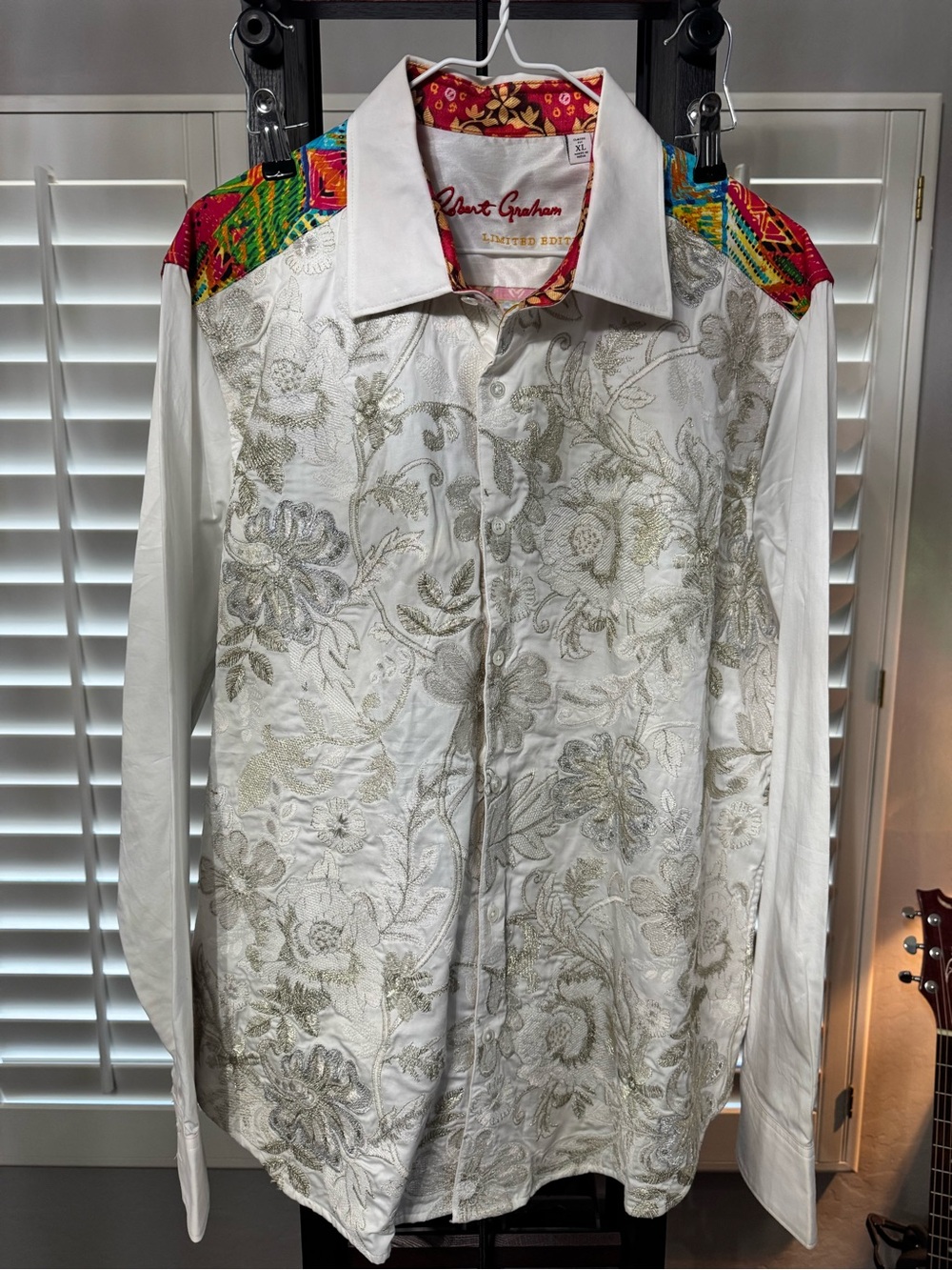 Robert Graham White Floral Embroidered Long-Sleeve Shirt with Colorful Yoke.
